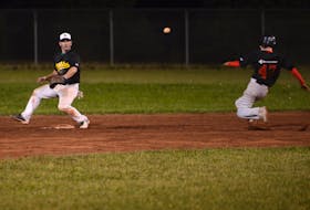The Alley Stratford Athletics’ second baseman Allister Smith, left, awaits the throw from catcher Grant Grady as Matt Barlow of the Morell Chevies steals second base Wednesday at MacNeill Field in Stratford.