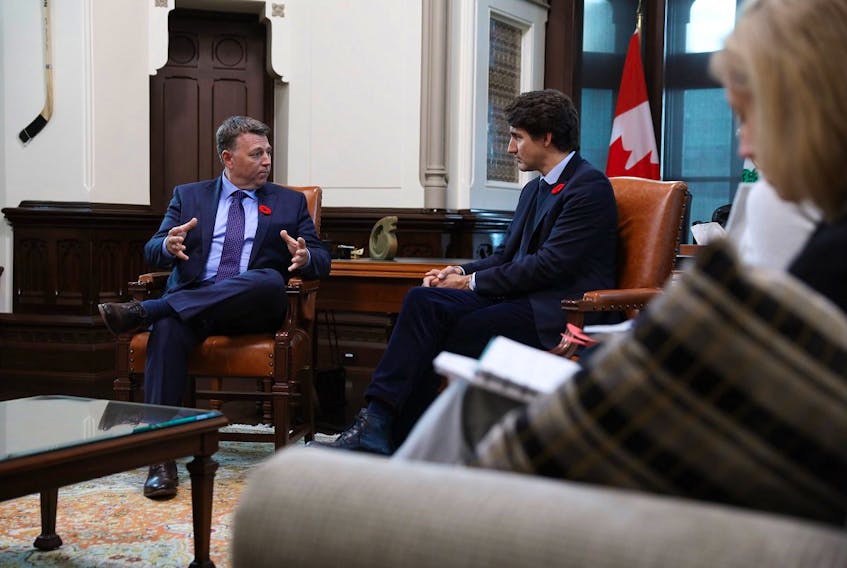 Premier Dennis King, left, is the first provincial premier to meet with Prime Minister Justin Trudeau since the federal election on Oct. 21. The two met in Ottawa on Thursday and discussed a range of issues, including running successful minority governments as well as replacing two of the ferries that operate out of P.E.I.