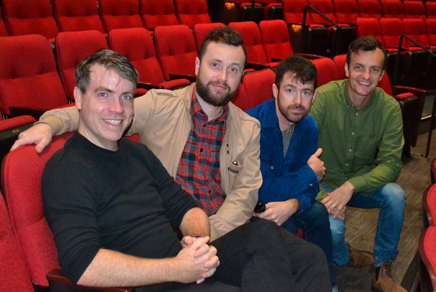 Members of P.E.I.’s Paper Lions relax in the soft seats at the Homburg Theatre before rehearsing for their Super Show, set for Saturday, Oct. 19. From left are David Cyrus MacDonald, Rob MacPhee, Colin Buchanan and John MacPhee.