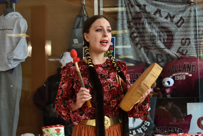Starr Bennett drumming and singing a traditional Mi’kmaq honour song to start Holland College’s Diversity Fair on March 9. Bennett works at the Native Council of P.E.I. as the Telling Our Stories Coordinator and uses education through events like this is the best way to fight racism.