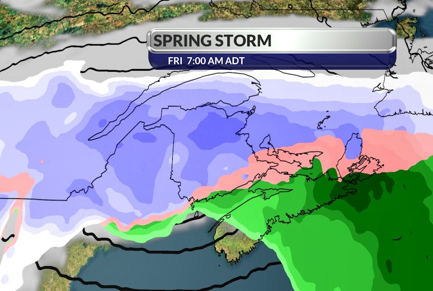 This weather graphic, provided by Cindy Day, the chief meteorologist for the SaltWire Network, shows the different weather patterns that will impact the Maritimes on Good Friday at 7 a.m. The blue represents snow, the pink is sleet while rain is reflected by the green.