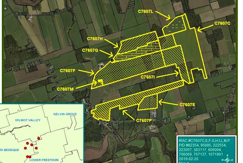 A map of the 2,220-acre parcels of land previously owned by Brendel Farms Ltd. The family-owned farming corporation had attempted to sell the land to three Irving-owned companies, but the sale was rejected by cabinet. Haslemere, whose sole director is Rebecca Irving, is listed as the current owner of the land.
Source: IRAC