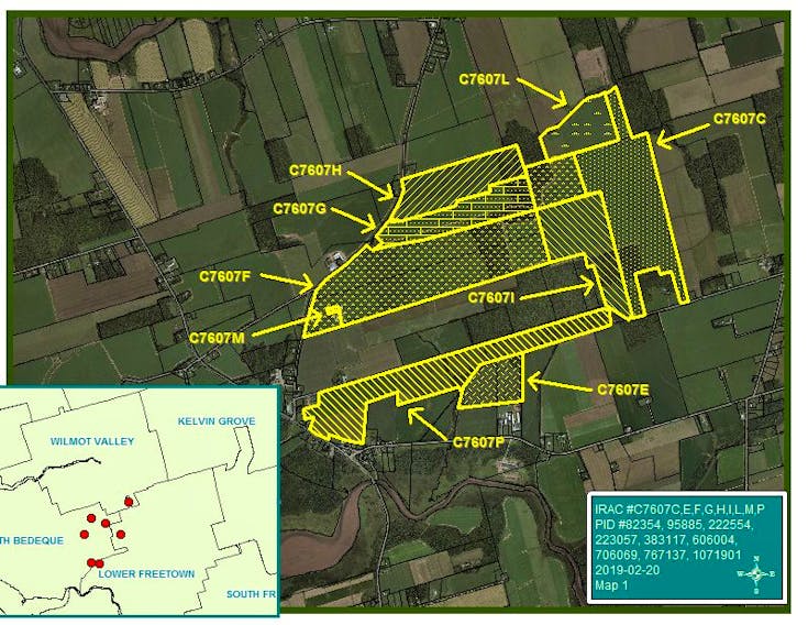 A map of the 2,220-acre parcels of land previously owned by Brendel Farms Ltd. The family-owned farming corporation had attempted to sell the land to three Irving-owned companies, but the sale was rejected by cabinet. Haslemere, whose sole director is Rebecca Irving, is listed as the current owner of the land.
Source: IRAC