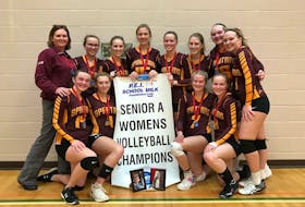 The Souris Spartans defeated the Charlottetown Rural Team Two Raiders 3-1 (23-25, 25-10, 25-18, 25-21) in the P.E.I. School Athletic Association Senior A Girls Volleyball League gold-medal match at Charlottetown Rural on Saturday afternoon. The Spartans dedicated the provincial championship to the late Vicki Weldin, who was a well-known and respected volleyball official. Photos of Weldin are placed at the bottom of the championship banner. Members of the Spartans are, front row, from left: Jenny Chaisson, Anna Harris, Brooke Robertson and Jill Bruce. Back row: Margo Robertson (head coach), Emily Farrell, Allee Clinton (co-captain), Mallory MacCormack(co-captain), Julie Bruce(co-captain), Tori Jayne Chapman, Lesley Croucher and Katie Deagle.