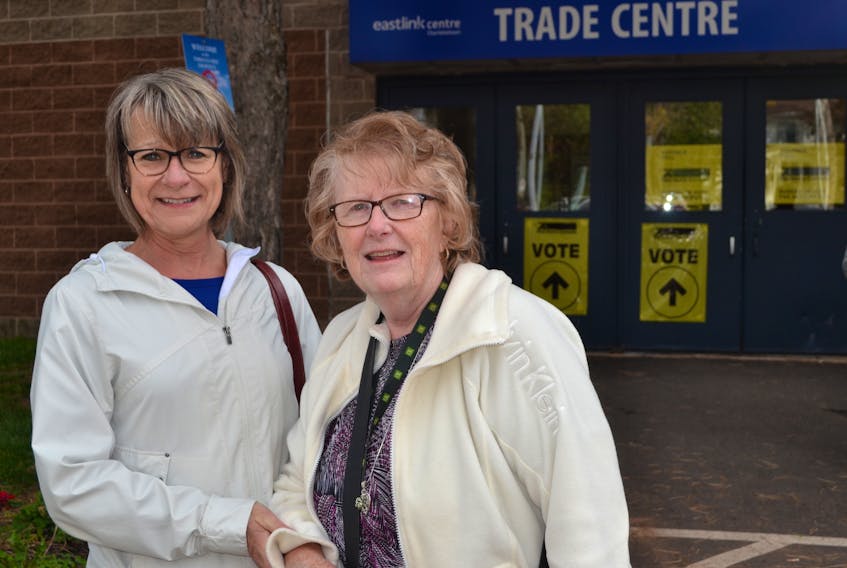 Dianne O’Brien, left, and Dorothy Johnston, both of Parkdale, stand outside a polling station at the Eastlink Centre in Charlottetown, ready to cast their vote on Friday. They were two of the Prince Edward Islanders taking part in the advanced poll for the federal election, which is set for Monday, Oct. 21. Advance voting days continue today, OCt. 13 and 14. For information on locations or voting options, visit elections.ca or call 1-866-201-3412.