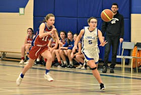 Dru Gillis of the Summerside Intermediate Owls races with the basketball while Leah Campbell of the East Wiltshire Warriors hustles back. The action took place during the Summerside Intermediate School’s 43rd annual Glenn Edison Memorial tip-off basketball tournament last weekend.