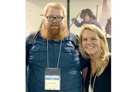 Product director Ryan Hale, left, and Deirdre Ayre, head of Canadian operations of Other Ocean Interactive, attend the Tokyo Game Show in 2019 to show off Project Winter.