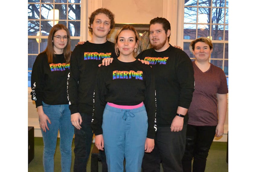 Some of the cast members in Everyone take a break from rehearsals for the play that runs March 17-21, 7:30 p.m., in the UPEI Faculty Lounge in Charlottetown. From left are Abby Craswell, Noah Doiron, Charlotte Robertson Matt MacPhee and Damian Rolo.