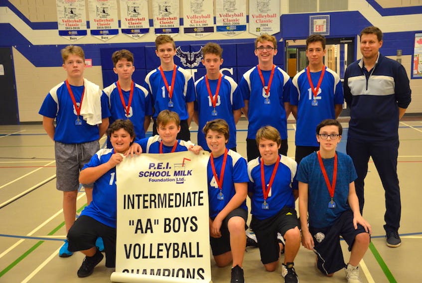 The Montague Storm won the P.E.I. School Athletic Association Intermediate AA Boys Volleyball League championship at Summerside Intermediate School on Saturday. The Storm defeated the East Wiltshire Warriors 3-1 (25-12, 24-26, 25-22, 25-20) in the gold-medal match. Members of the Storm are, front row, from left: Demitri Hicken, Keagan McCarthy, Rowan Walker, Mac Johnson and Leland Benoit-Crane. Back row: Thomas MacEachern, Austin Walker, Wason Bulpitts, Ethan Lowe, Kaleb MacKenzie, Thomas Doucette and Brad Rogers (head coach).