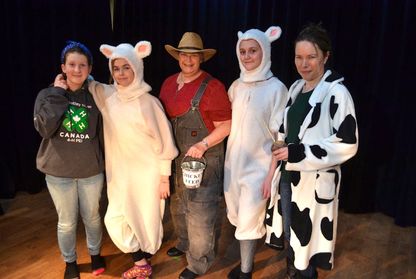 Casts members in Some Neighbours: Episode 6: Sheep on the Lamb take a break from rehearsing for their play. The show hits the stage at Milton Community Hall starting today at 7:30 p.m. and runs until Feb. 15. From left are Marian McTavish, Lara McPhun Hayward, Pat Cosh, Marissa Morrison and Rebecca Dunn. It’s produced by the Miltonvale Community Players.