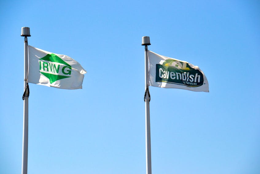The Irving and Cavendish Farms flags fly outside the headquarters of Cavendish Agri-Services in Charlottetown. Irving will be the recipient of as much as $4.7 million in government funding to transport and store the remaining 2019 crop of potatoes.