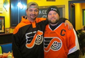 Jamie Munroe, left, and Adam MacLennan at a Kraft Hockeyville rally for Tyne Valley in Lower Sackville, N.S., in January.