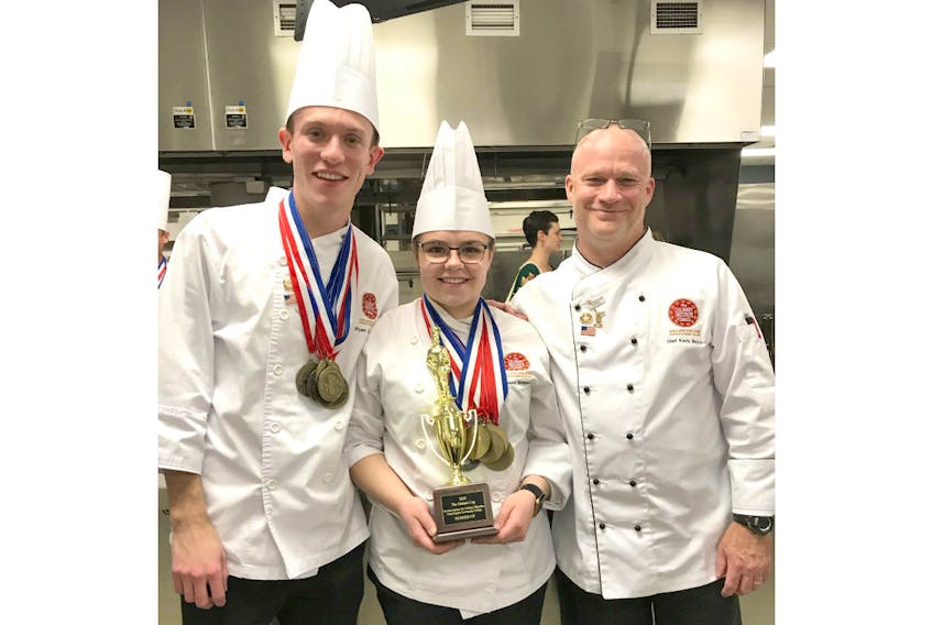 Culinary Youth Team Canada members Ryan Llewellyn and Chelsea Hoeppner with Keven Boyce, the team’s lead coach, at the Nations Cup in Grand Rapids, Michigan.