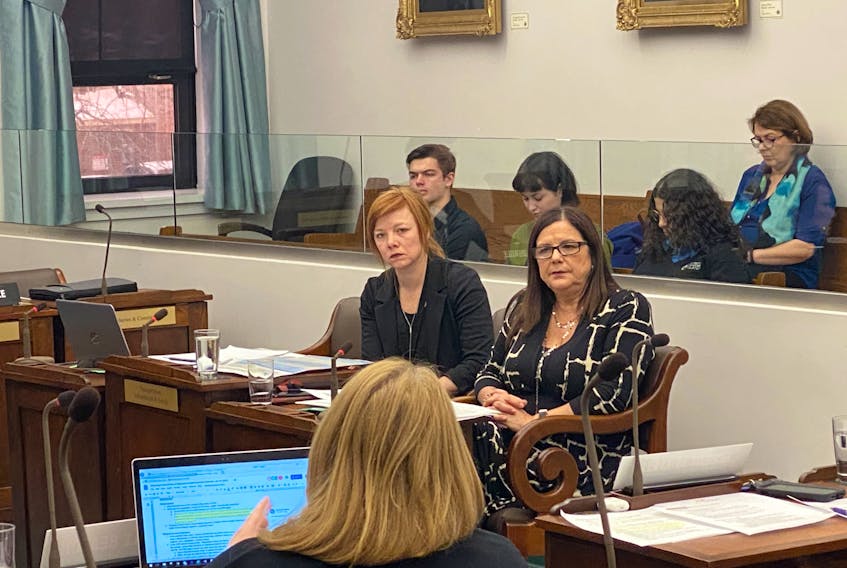 Assistant director Erin Johnston, left, and Terri MacAdam, the director of students services for the Public Schools Branch give a presentation to the legislative standing committee on education and economic growth on the branch's new new Safe and Caring Learning Environments Policy and Procedures.