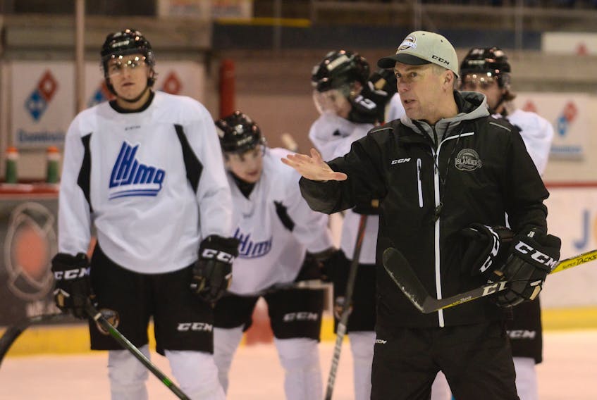 Charlottetown Islanders head coach Jim Hulton goes over positioning with his players during a recent practice at the Eastlink Centre.