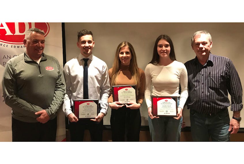 P.E.I. Soccer Association held its annual awards recently, recognizing the best Island players, coaches, volunteers and officials. Shown with their ADL certificates of achievement are those who were recognized as the top players of the year. From left are Mike Eyolfson, representing awards sponsor ADL; Sam Smiley (UPEI Panthers, senior male player of the year); Nikki Roberts (Holland College Hurricanes, senior female player of the year); Lauren Clark (Summerside United and P.E.I. F.C., junior female player of the year) and Kirk McAleer, president of the P.E.I. Soccer Association. Missing from the photo is Riad Jaha of Sherwood Parkdale Rangers and the Vancouver Whitecaps Youth Academy, who was named junior male player of the year. In addition to the players of the year, the Eliot River Ramblers under-13 girls first division team two were named team of the year.