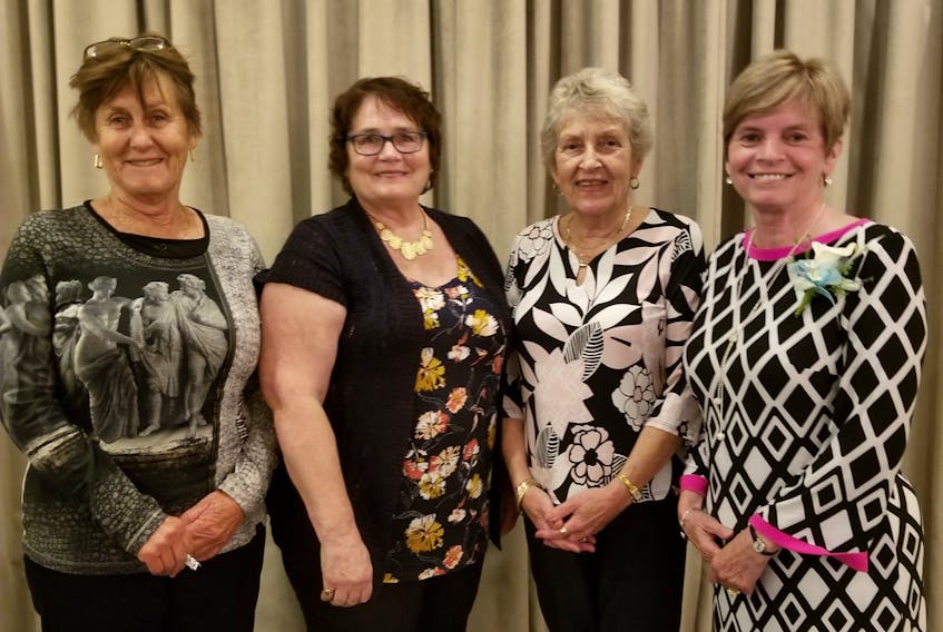 Class of 1968 grads Valerie Baker Belcourt, left, and Helen Dickieson MacDonald celebrated thier 50th class reunion with Leah Mayne Cainey, chairwoman of the dinner committee, and Gail MacLean, president of the Nurses Alumnae.