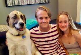 Tracy MacKay’s dog, Duff, recently became seriously ill when he consumed some sort of meat-like substance while out for a walk on Sunday. Duff is pictured here with MacKay’s son, Riley, and her daughter, Rachel.