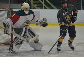 Charlottetown Knights right-winger Max Chisholm positions himself in front of Kensington Wild goaltender Jonah Arbing during a recent New Brunswick/Prince Edward Island Major Midget Hockey League game in Kensington.