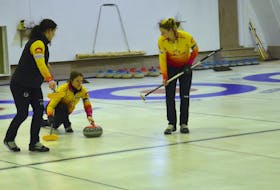 Skip Suzanne Birt releases a shot as lead Michelle McQuaid, left, and second Meaghan Hughes get ready to sweep during the P.E.I. Scotties Tournament of Hearts in O’Leary in January. The Birt rink, which won its third P.E.I. title in a row, will open play at the Canadian women’s curling championship in Calgary on Saturday.