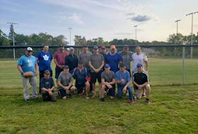 A recent slo-pitch fundraiser held at City Diamond in Charlottetown raised around $1,500 for Jeff May. Members of the winning team were, front row, from left: Todd Walsh, Jason Murray, Jamie MacDonald, Darren Murray, Terry MacDonald and Chris Murray. Back row: Richie Hughes, Cory Gaudet, Bobby Hughes, John Burke, Mike Bishop, Jeff May, Kevin Warren, Jason Rice, Nial Hughes and Mark Arsenault.