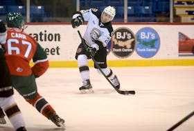 Charlottetown Islanders winger Cédric Desruisseaux picks his spot before firing a shot during Wednesday’s Quebec Major Junior Hockey League game with the Halifax Mooseheads.