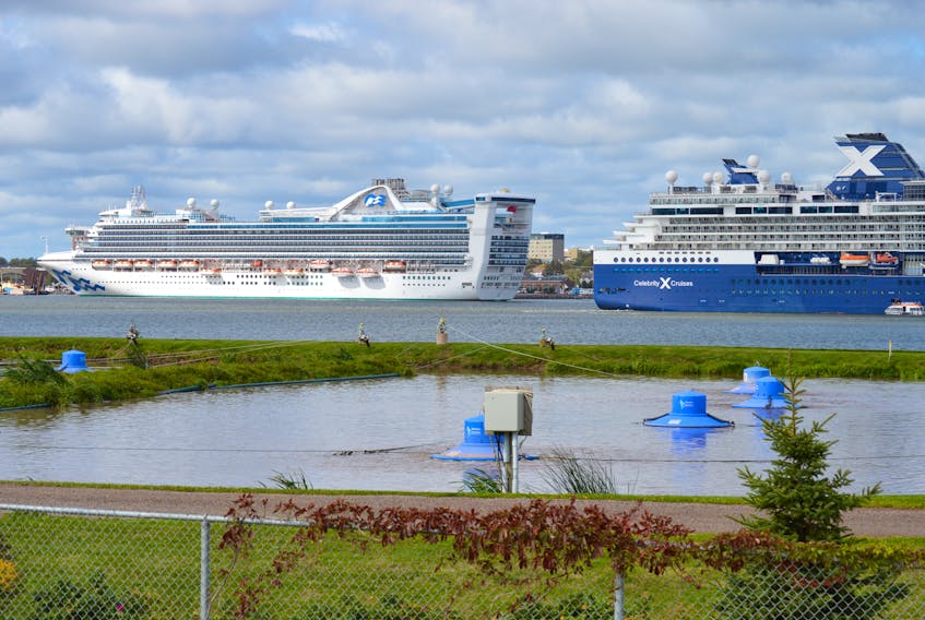 Cruise ships in the Charlottetown Harbour provide a backdrop to the sewage lagoon in Stratford on Wednesday. The Town of Stratford has announced a $17.5-million project will begin in October to pump the town's sewage over to the pollution control plant in Charlottetown and decommission the lagoon.