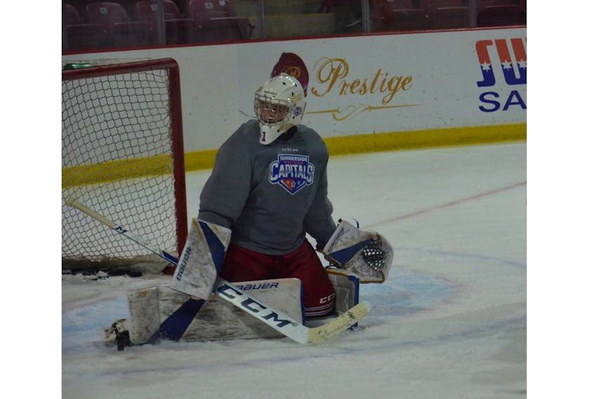 Summerside Western Capitals goaltender Alec MacVicar makes a save during Wednesday afternoon’s practice at Eastlink Arena. MacVicar will get the start in the Capitals’ road game against the Truro Bearcats on Friday night.