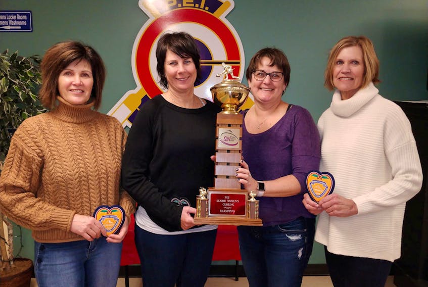 The Kim Dolan-skipped squad from the Cornwall Curling Club won the Prince Edward Island senior women’s curling championship Monday on home ice. From left are lead Julie Scales, second Kathy O’Rourke, third Susan McInnis and Dolan.