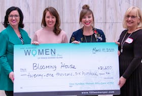 Kathleen Casey, left, and Aileen Matters, right, present Blooming House co-founders Brynn Devine and  Liz Corney, second right, with a cheque from money raised at a recent meeting of 100 Women Who Care, P.E.I. chapter.