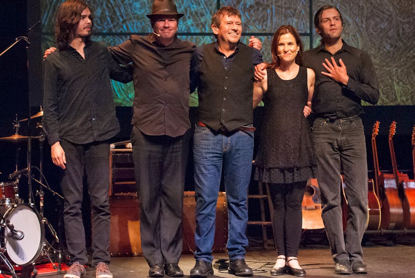 Lennie Gallant, centre, and his bandmates return to the stage during an encore for “Searching for Abegweit: The Island Songs and Stories of Lennie Gallant”. From left are Jonathan Gallant, Sean Kemp, Patricia Richard and Jeremy Gallant. The show has returned to the Harbourfront Theatre in Summerside.