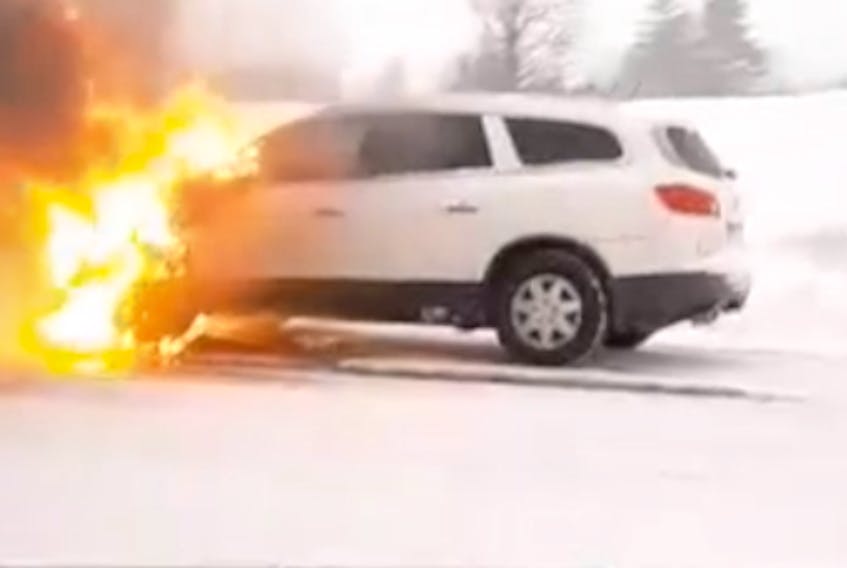 Flames engulf an SUV on the Charlottetown bypass in this screenshot of a video taken on Jan. 19, 2020.