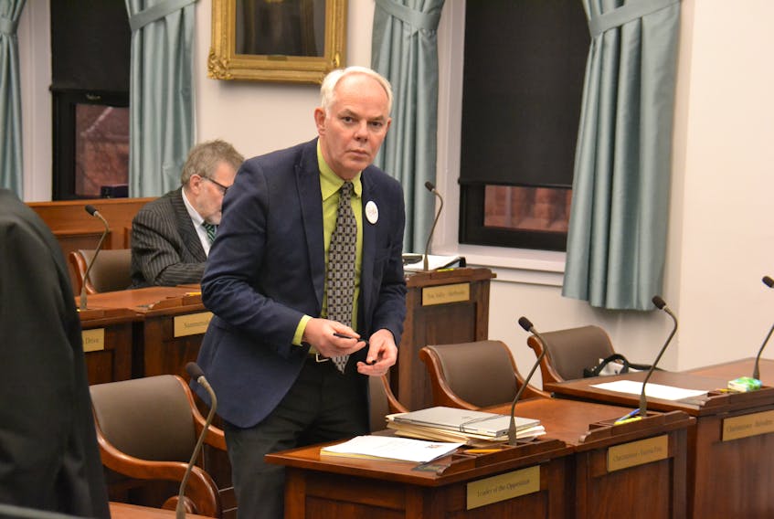 Green Opposition Leader Peter Bevan-Baker is shown before question period in the provincial legislature on Wednesday. On the occasion of International Children's Day, the Opposition Greens raised a number of carefully worded questions about government oversight of the Buddhist Moonlight International Academy.