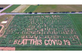 This is an aerial photograph of this year's Belfast Corn Maze with its message of hope against COVID-19.