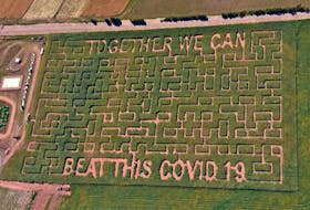 This is an aerial photo of this year's Belfast Corn Maze with its message of hope.