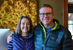 Cathy, left, and Doug Dvorak, wearing the same jacket as when he lost the money, at the Fairholm Inn, just before heading out to Terre Rouge for their last P.E.I. supper. Michael Robar/The Guardian