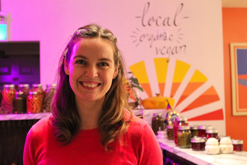 Sarah Forrester Wendt stands behind the counter of her vegan restaurant, My Plum, My Duck, in Charlottetown. After three years of service she's decided to close the business.
