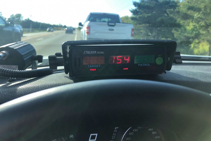 An RCMP radar device shows the high speed that earned a driver in Stratford an $840 ticket and 24-hour vehicle impoundment on Sept. 21, 2020.