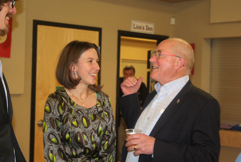 Liberal incumbent Wayne Easter is congratulated by Green candidate Anna Keenan as the long-time Malpeque MP is given another mandate by P.E.I. voters.