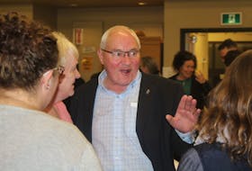 Liberal incumbent Wayne Easter greets his supporters at the Cornwall Civic Centre at Monday night for the 43rd federal election. Ernesto Carranza/The Guardian