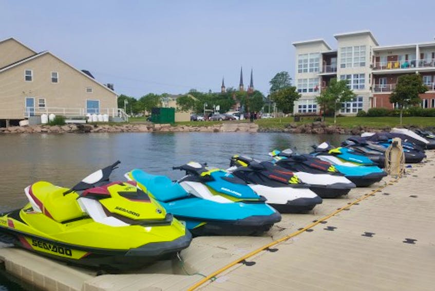 A row of Sea-doos is shown at the Charlottetown Marina, where a collision in 2018 led to the death of 21-year-old Carter Wood. Facebook.com/Flyboardmaritimes.