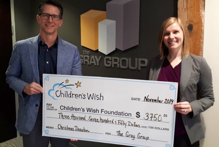 The Gray Group makes a donation of $3,750.00 to the Children’s Wish Foundation, P.E.I. chapter. The donation was made in honour of the Gray Group’s customers, associates and friends in lieu of holiday gifts. The funds will support the Foundation’s mission to grant heartfelt wishes to Island children between the ages of 3-17 with life-threatening illnesses. In the photo: Cory Gray, president, the Gray Group and Jennifer Gillis, development coordinator, Children’s Wish.