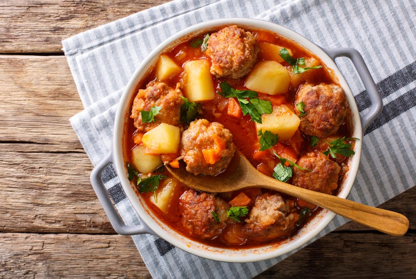 Warm up winter with Tomato Soup with Meatballs. Chock full of meat, potatoes and aromatic vegetables, it’s the perfect meal in a bowl.