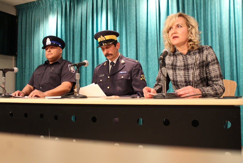 A last-minute media brief on a firearm threat made toward P.E.I. schools was held in the Shaw Building in Charlottetown on Feb. 23. As of now, the threat is considered not credible. Available for question was Officer Tim Keizer representing municipal police, left, Sgt. Kevin Bailey with the RCMP, and Deputy Minister of Education Bethany MacLeod.