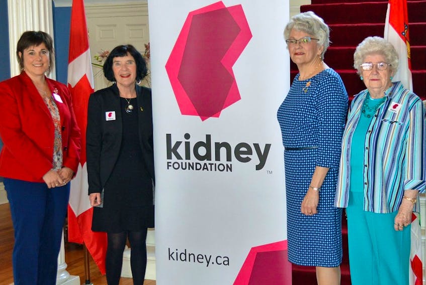 March is Kidney Month, a global awareness campaign aimed at increasing awareness of the importance of kidneys to good health and to reduce the impact of kidney disease and its associated problems. Volunteers, staff and board members from the Kidney Foundation of Canada, Atlantic branch, as well as the management team from the provincial renal unit gathered recently at the lieutenant-governor’s residence in Charlottetown to mark World Kidney Day, which is held annually on March 12. Shown are, from left, Cheryl Banks, director of hospital services, Prince County Hospital and Provincial Renal Program, Marlene Dorey, development officer, Kidney Foundation of Canada, Atlantic branch, P.E.I. Lt.-Gov. Antoinette Perry and Annie Boyle, a volunteer with the Kidney Foundation of Canada, Atlantic branch. They posed for this picture earlier this month before restrictions on social distancing were put in place due to the coronavirus.