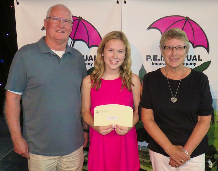 Frank Sanderson from P.E.I. Mutual Insurance, left, stands with vocalist Jensen Wood of Marshfield the 2019 winner of the Old Home Week Youth Talent Competition and provincial talent co-ordinator Jean Tingley.