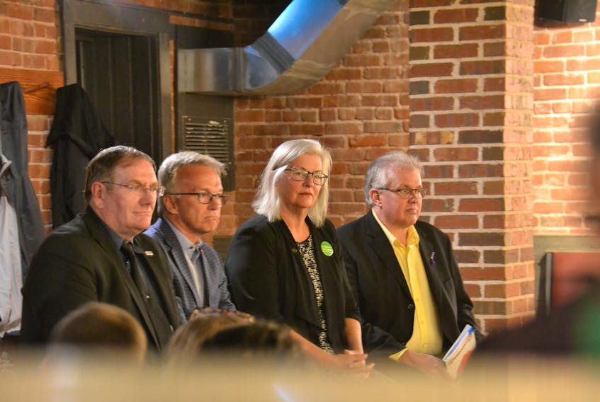 Charlottetown federal candidates Fred MacLeod (Christian Heritage Party), Sean Casey (Liberal), Darcie Lanthier (Green) and Joe Byrne (NDP) attend the first all-candidates debate of this fall’s election season on Wednesday. The event was organized by Young Voters of P.E.I.