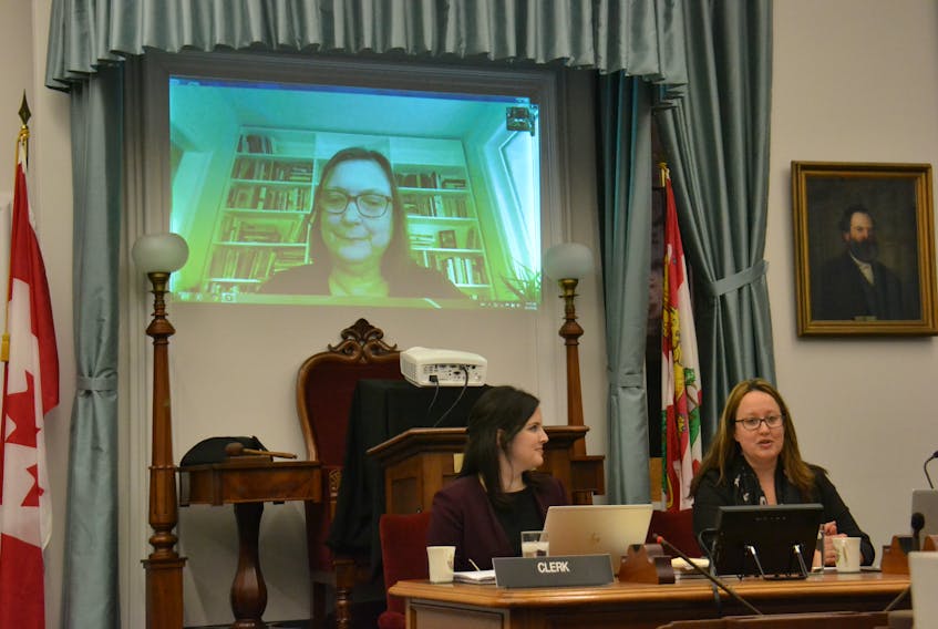 Researcher Evelyn Forget speaks before a meeting of the special committee on poverty at the Coles Building recently, presided over by clerk assistant Emily Doiron and committee chairwoman Trish Altass. The meeting focused on the subject of a basic income guarantee.
Stu Neatby/THE GUARDIAN