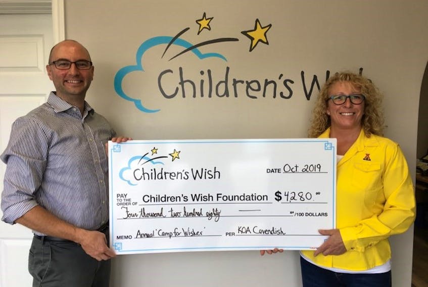 Cavendish KOA Holiday recently donated $4,280 to the Children’s Wish Foundation, Prince Edward Island chapter. The money, which was raised during the annual “Camp for Wishes” fundraiser, will help grant the most heartfelt wish for an Island child. On hand for the presentation are Darryl Warren, Children’s Wish development co-ordinator, and Kathleen Hryckiw, owner and operator of Cavendish KOA Holiday Campground. Submitted