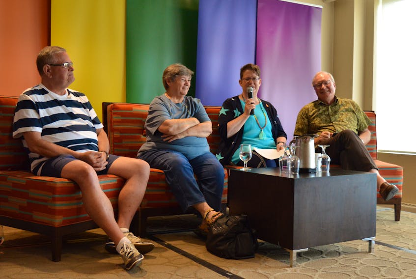 Panelists, from left, George Clark-Dunning, Deb Berrigan, Nola Etkin and Wade MacLauchlan engage in a discussion at the Delta hotel during Pride Week 2019.